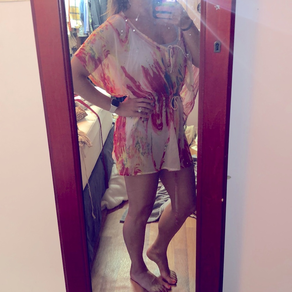 Multicolor tie-dye style sheer beaded tie coverup - size L